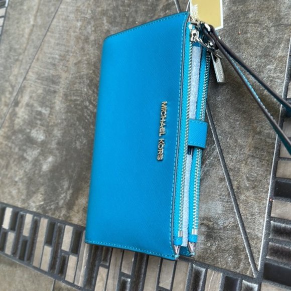 Michael Kors Large Double Zip Leather Wallet Wristlet Phone Case Lagoon - Picture 3 of 16